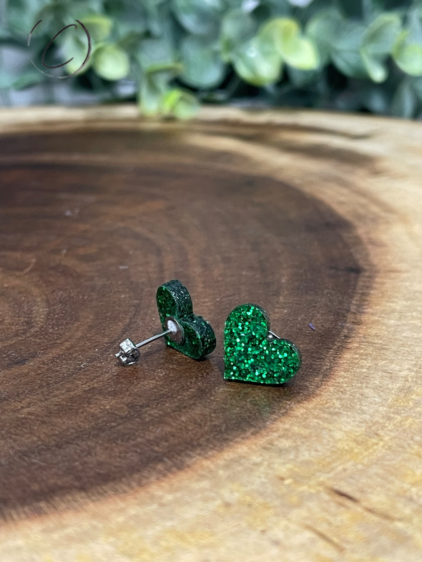 Heart Green Glitter Stud Earrings