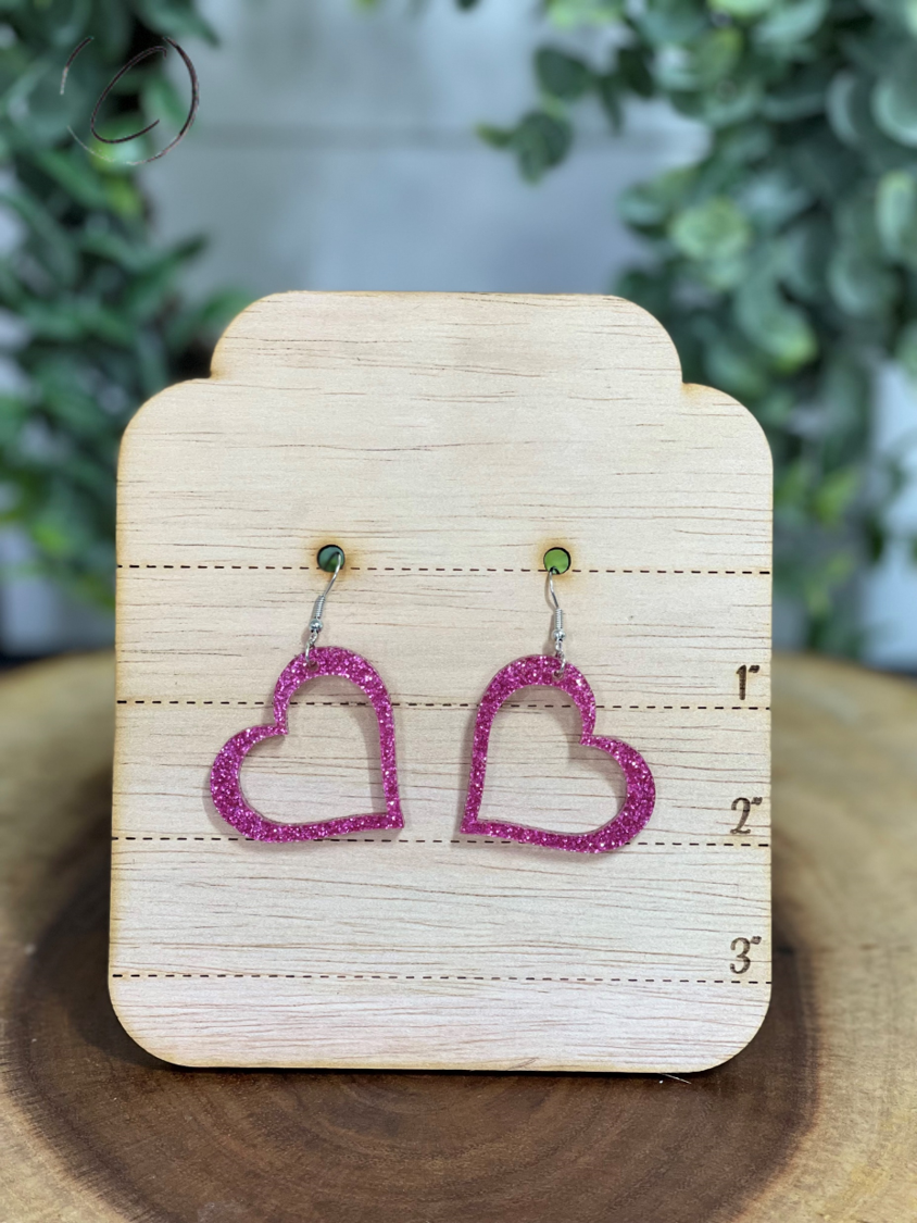 Heart Outline Pink Glitter Dangle Earrings