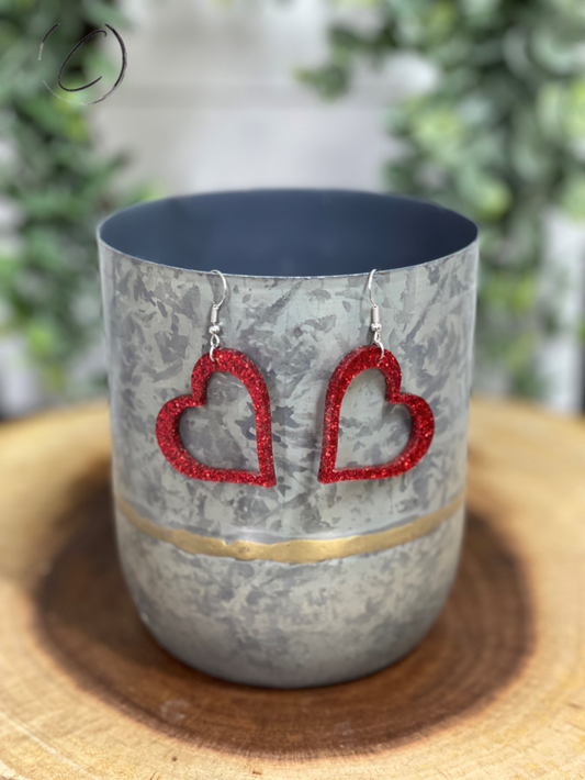 Heart Outline Red Glitter Dangle Earrings