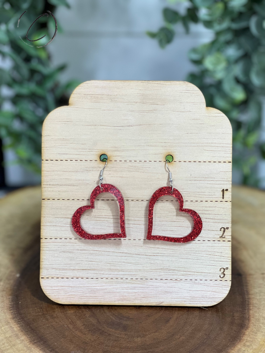 Heart Outline Red Glitter Dangle Earrings