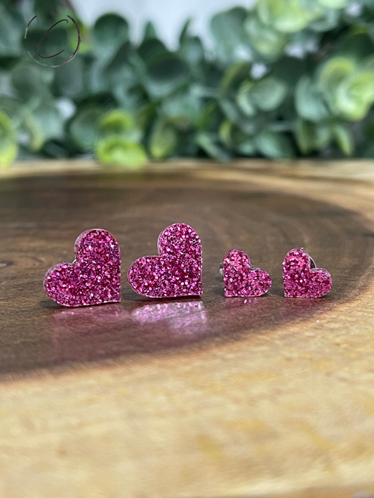 Heart Pink Glitter Stud Earrings