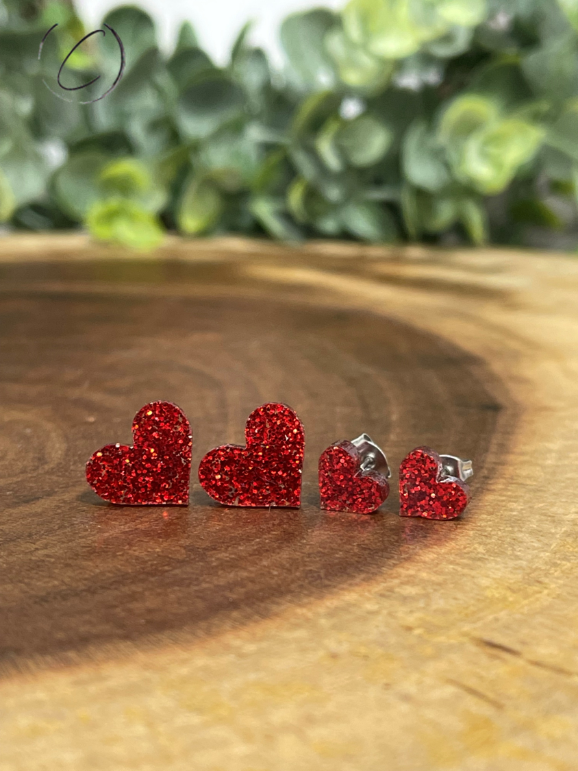 Heart Red Glitter Stud Earrings