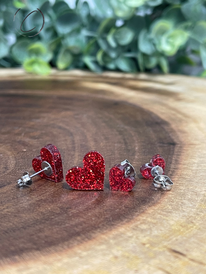 Heart Red Glitter Stud Earrings