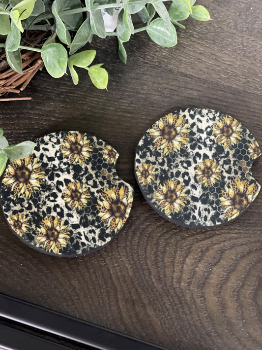 Honeycomb Leopard Sunflower Neoprene Car Coaster Set