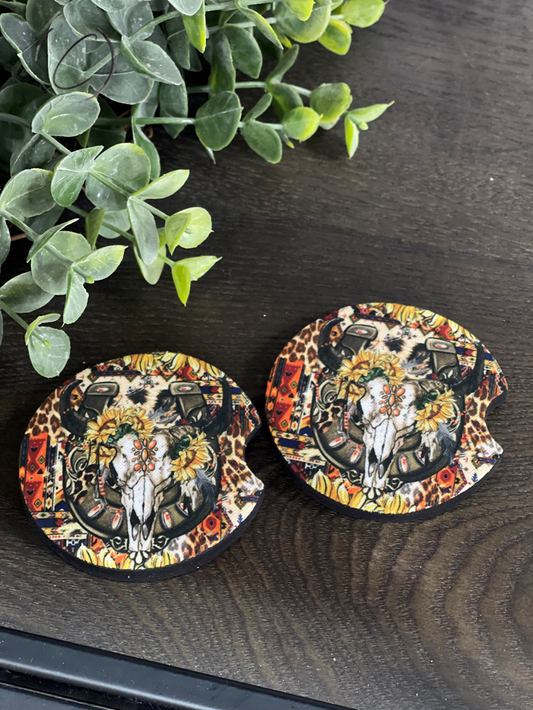 Horseshoe Bull Skull Car Coaster Set