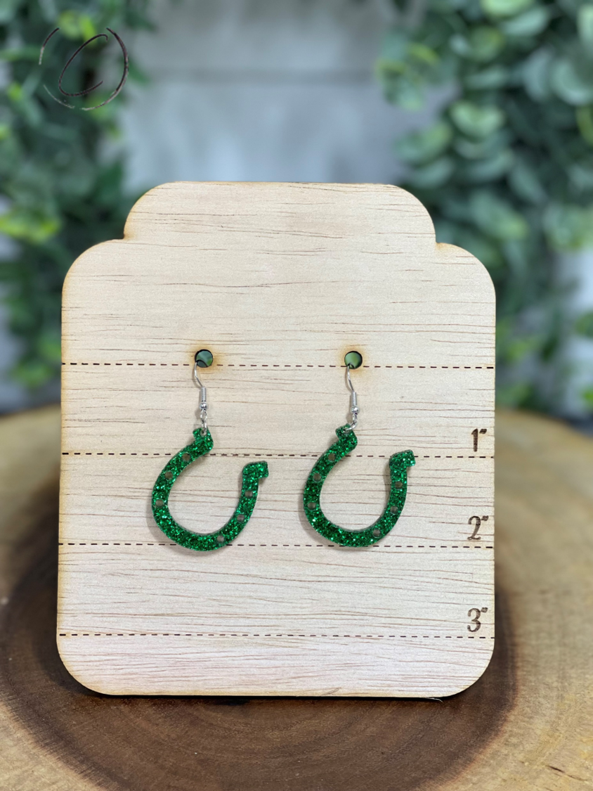 Horseshoe Green Glitter Dangle Earrings