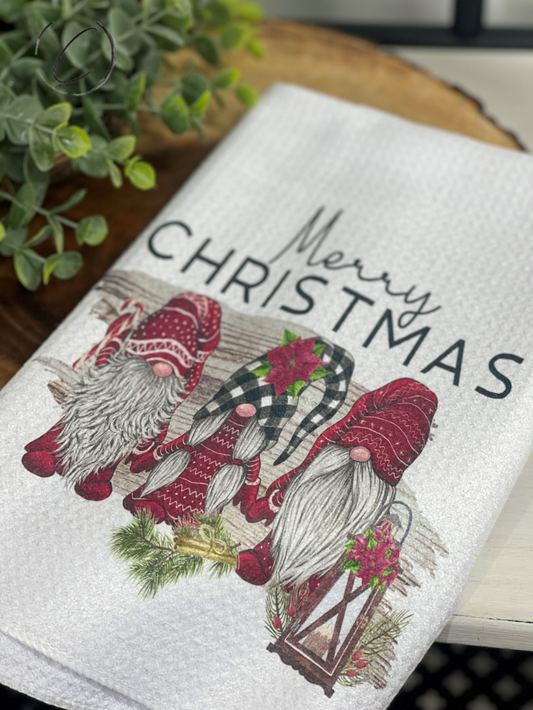 Merry Christmas Gnomes Waffle Weave Tea Towel