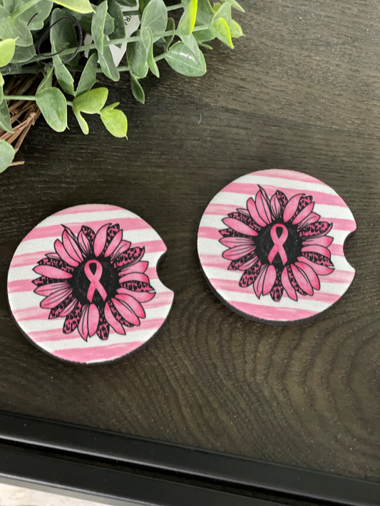Pink Ribbon Sunflower Neoprene Car Coaster Set