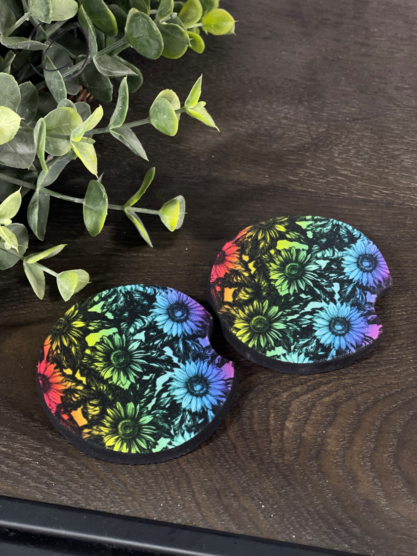 Rainbow Sunflowers Car Coaster Set