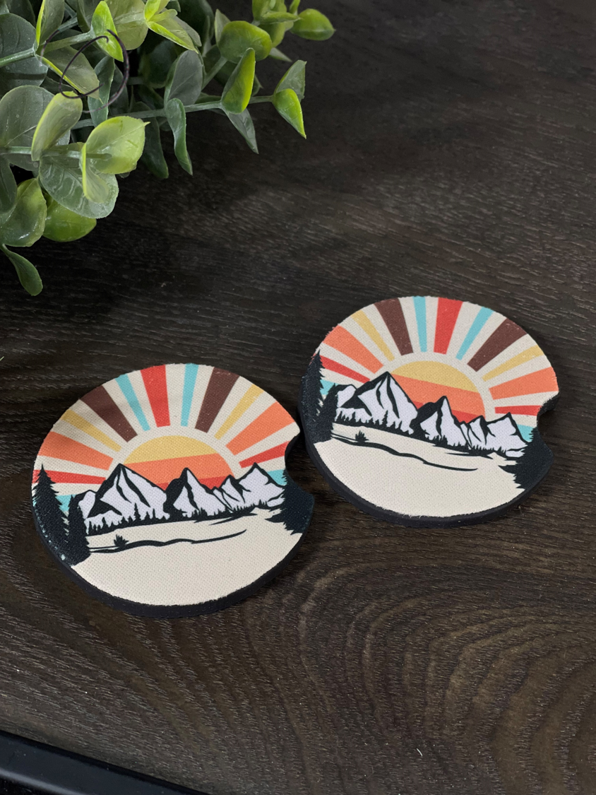 Retro Mountain Sunset Car Coaster Set