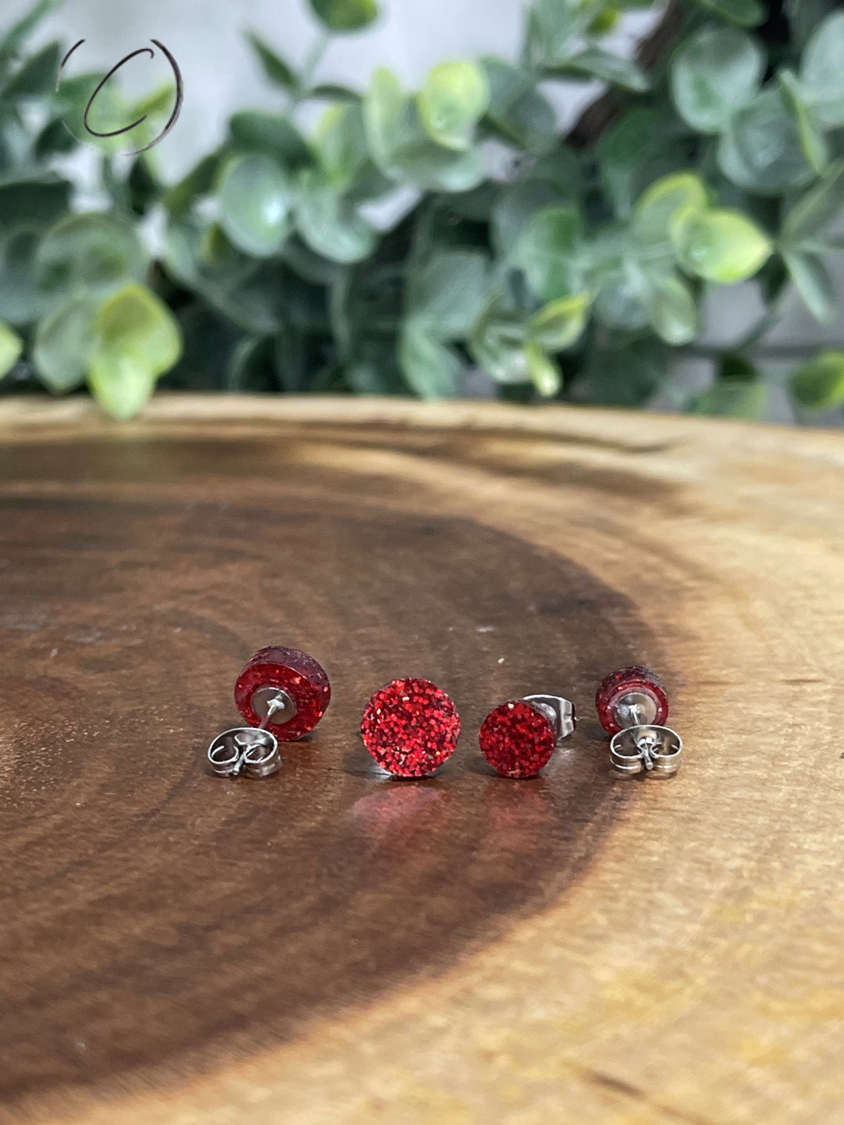 Round Red Glitter Stud Earrings