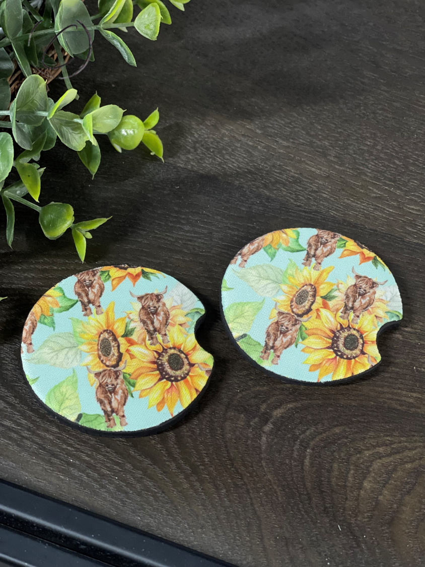 Teal Sunflower Highland Cow Car Coaster Set