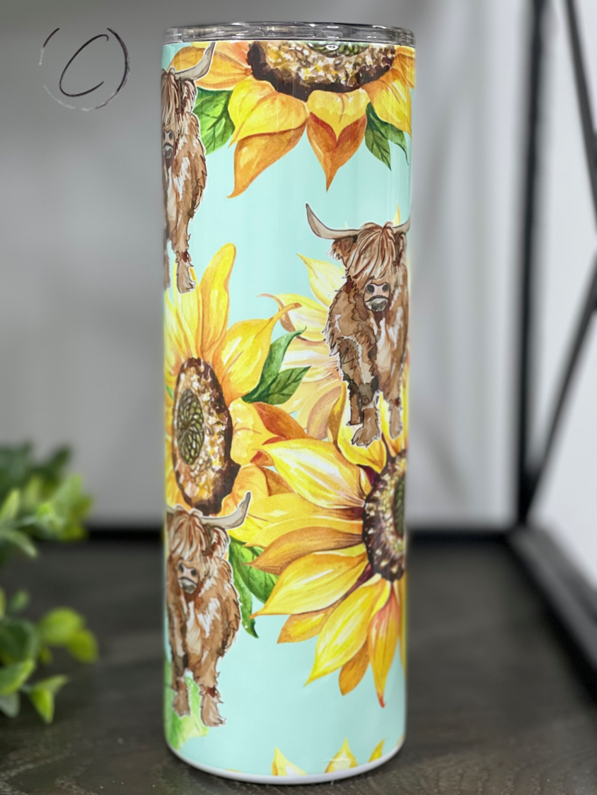 Teal Sunflower Highland Cow 20oz Skinny Tumbler