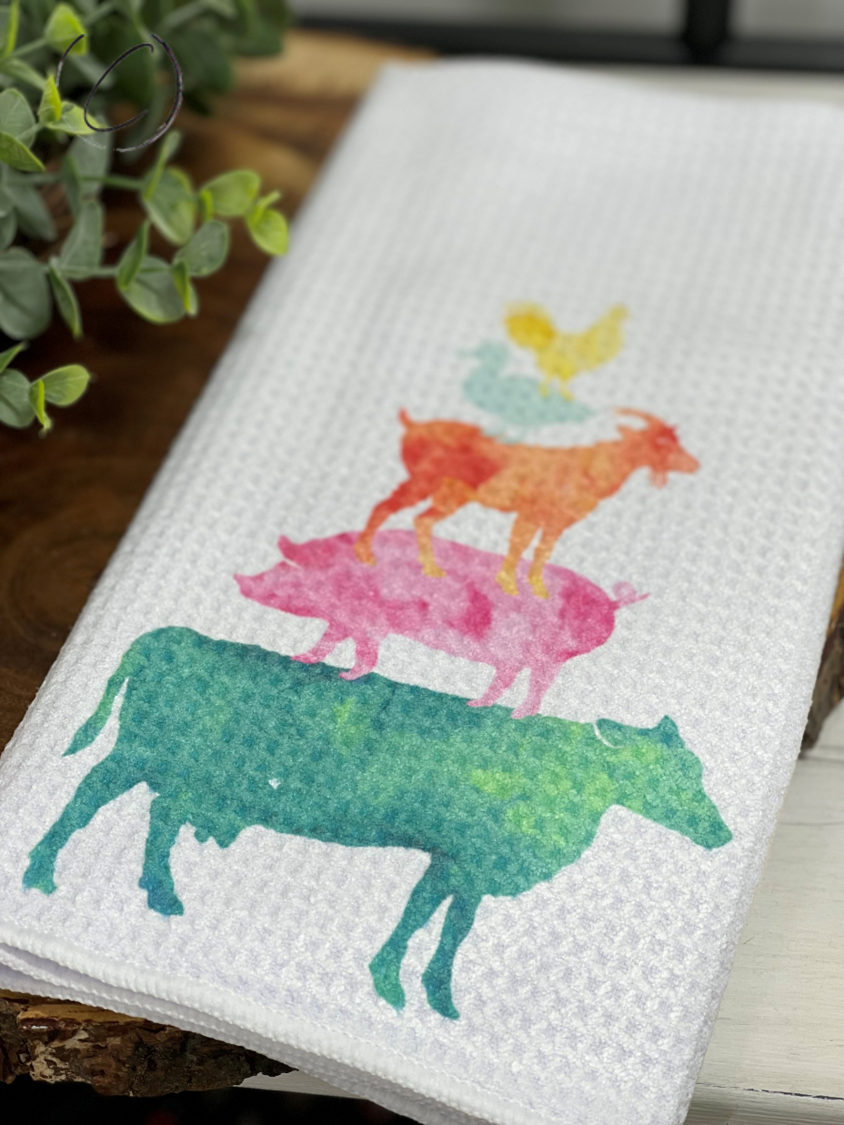 Watercolor Farm Animal Stack Waffle Weave Tea Towel